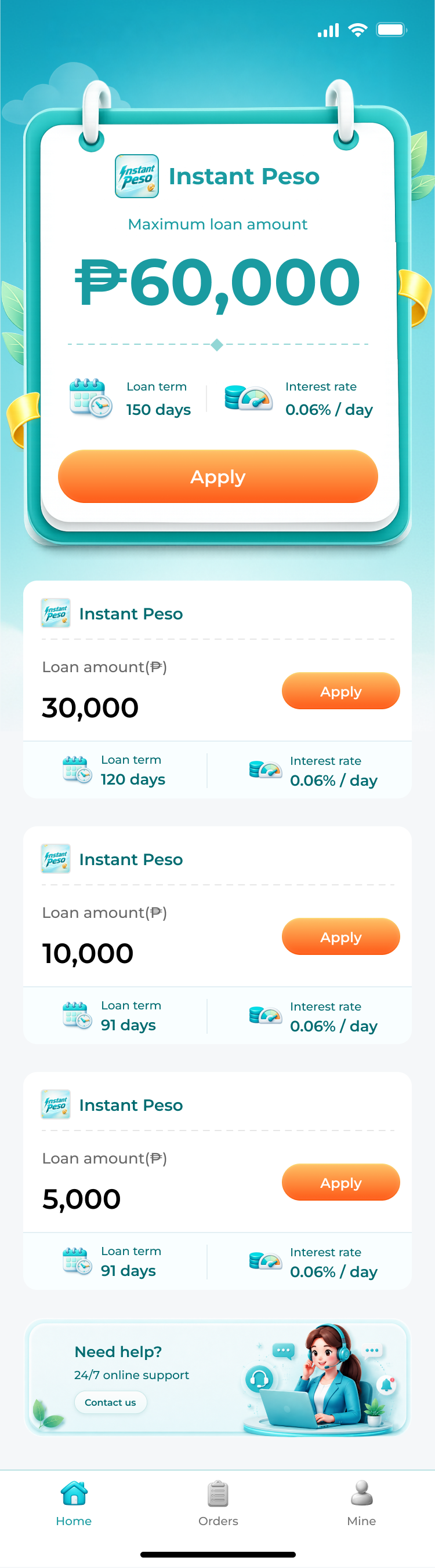 Instant Peso app home screen showing available loan options